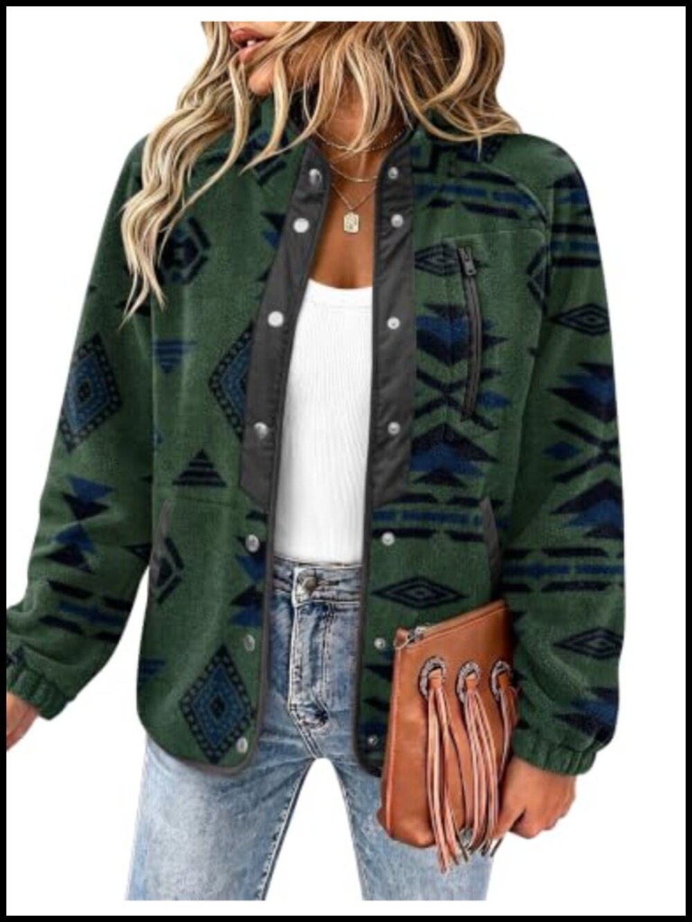 Fleece Jacket Snap Button Aztec Western Stand Collar Zip Pocket